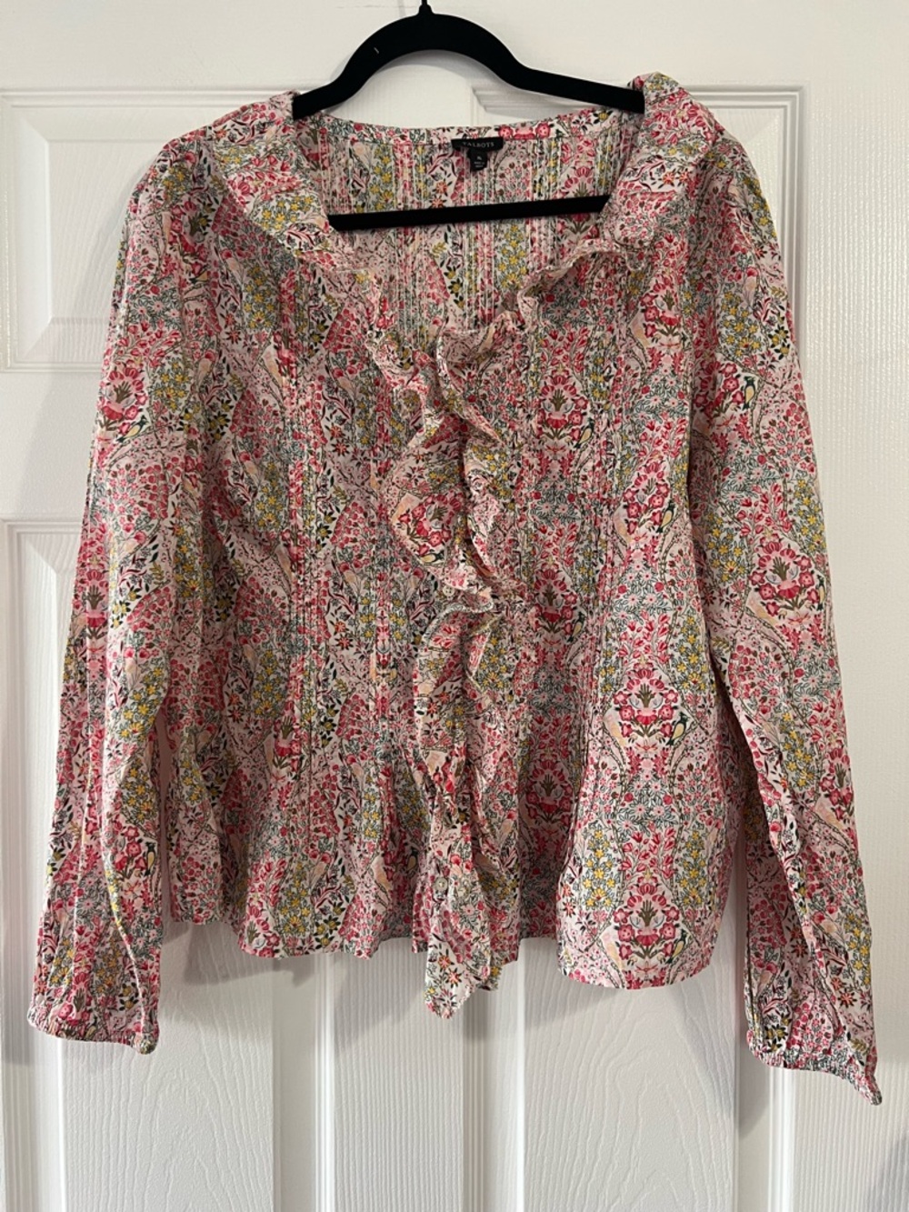 Talbots Pink Floral Ruffle-Front Blouse